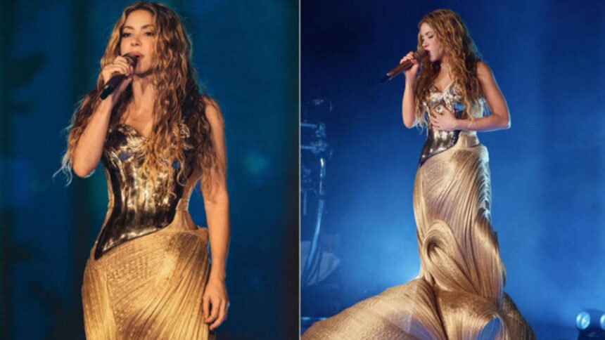Hunterfly 026 09 22 153328 Shakira wears Gaurav Gupta she-wolf brass breastplate and Banarasi silk skirt