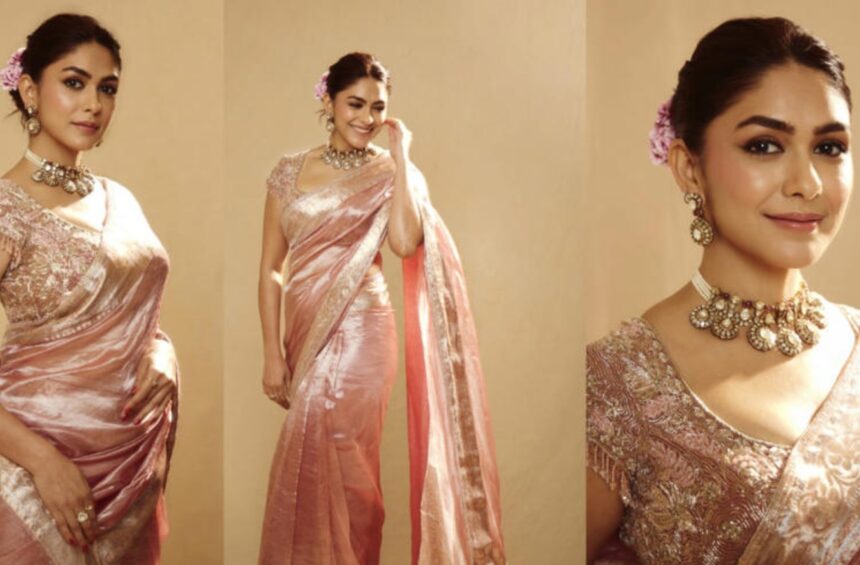 Hunterfly 026 09 22 160205 Mrunal Thakur in a mauve pink saree with statement jewellery and floral bun