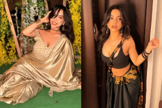 Hunterfly 026 09 25 095614 Contemporary saree fashion featuring champagne and black-and-gold drapes
