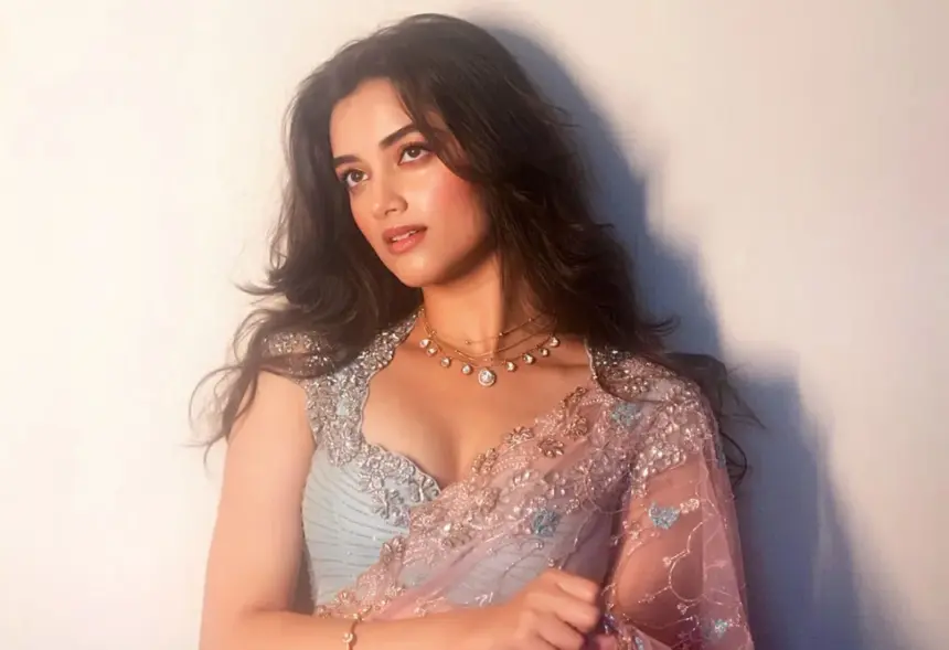 Hunterfly 026 09 25 115241 Bhagyashri Borse in a sheer pink saree with powder-blue embellished blouse