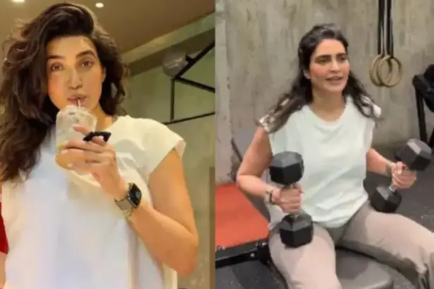 Karishma Tanna shares her postpartum workout featuring dumbbells and a spin bike