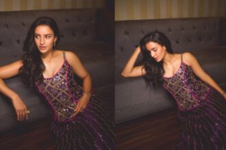 Triptii Dimri wearing a royal purple Punit Balana lehenga with intricate silver-toned Chandi Tilla-inspired embroidery