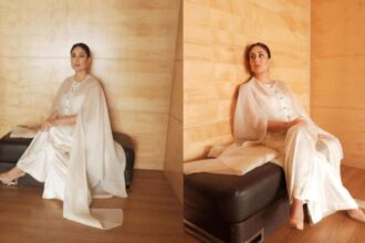 Hunterfly 2026 09 02 182509 Kareena Kapoor Khan wearing an elegant ivory cape kurta set by Anamika Khanna