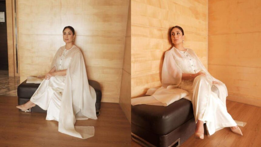 Kareena Kapoor Khan wearing an elegant ivory cape kurta set by Anamika Khanna