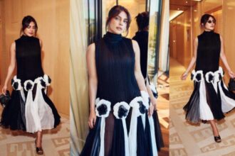Priyanka Chopra Jonas in a black and white Dior dress at the 2026 LVMH Prize event in Paris
