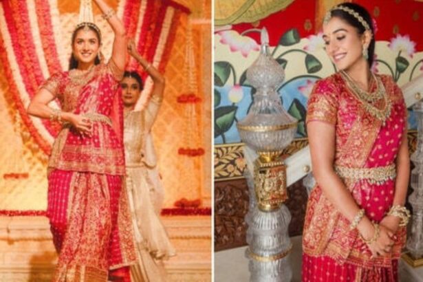 Hunterfly 2026 09 15 200909 Radhika Merchant in a pink and gold Manish Malhotra Kanjeevaram ensemble during her Ganpati classical dance performance