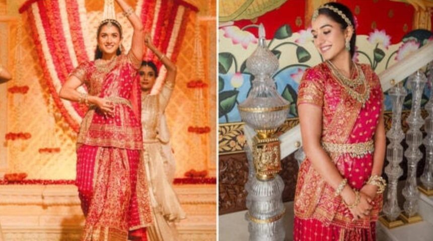 Radhika Merchant in a pink and gold Manish Malhotra Kanjeevaram ensemble during her Ganpati classical dance performance