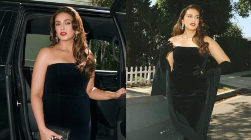 Hunterfly 2026 09 15 234435 Huma Qureshi poses in a strapless black gown at the 2026 Emmy Awards