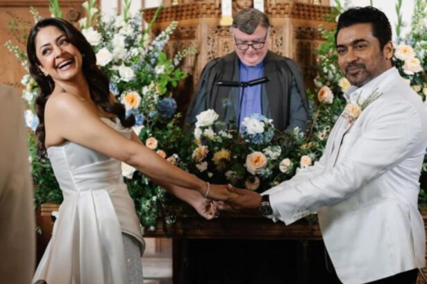 Jyotika and Suriya pose together during their Christian wedding ceremony after 20 years of marriage