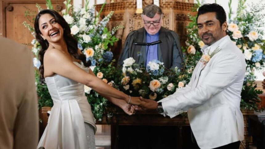 Jyotika and Suriya pose together during their Christian wedding ceremony after 20 years of marriage