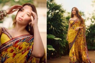 Tamannaah Bhatia in a yellow Torani saree with an off-shoulder blouse