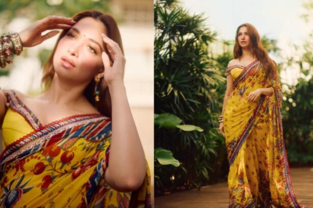 Tamannaah Bhatia in a yellow Torani saree with an off-shoulder blouse