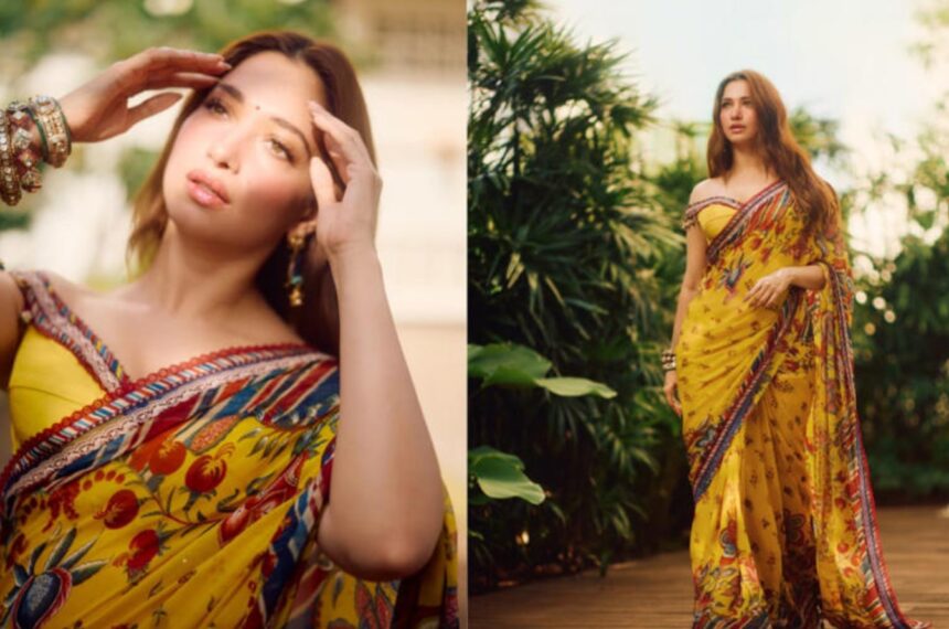 Tamannaah Bhatia in a yellow Torani saree with an off-shoulder blouse