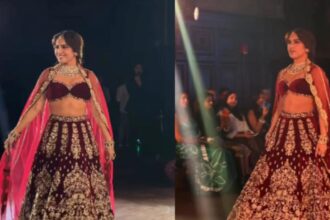 Bhumi Pednekar wearing Nazranaa’s red Belur Math-inspired lehenga at New York Fashion Week