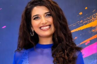 Rasha Kirmani in a sheer royal blue gown at Rocket Reels anniversary celebration