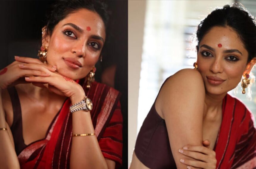 obhita Dhulipala in a red khadi saree with traditional Tamil jewellery