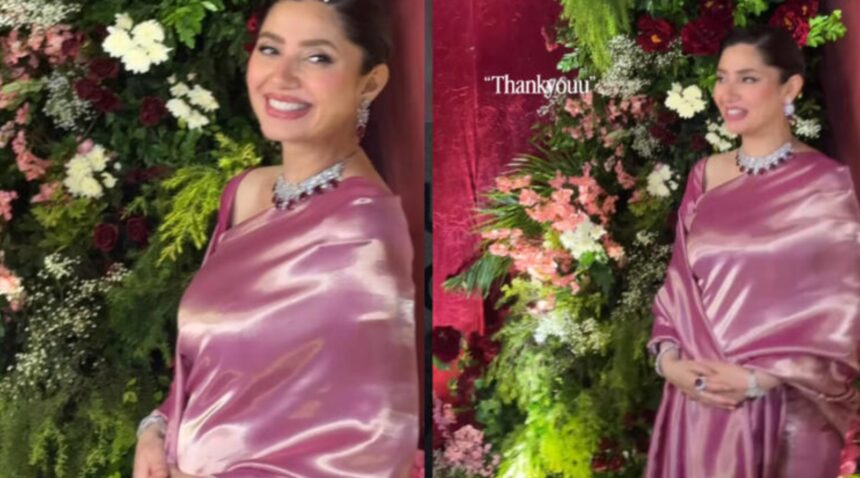 Mahira Khan in a glossy pink satin saree with a diamond and ruby choker