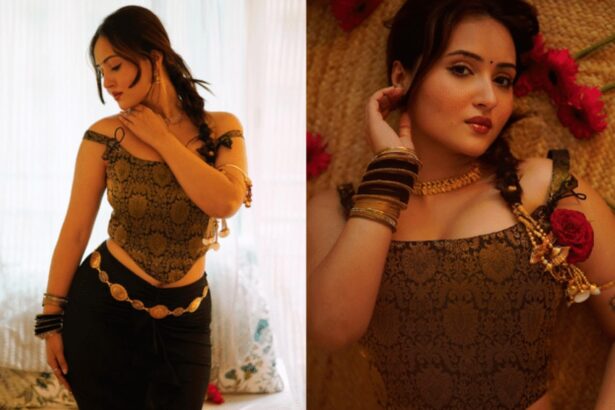 Modern black and gold fashion look with Indian-inspired jewellery and red floral accents
