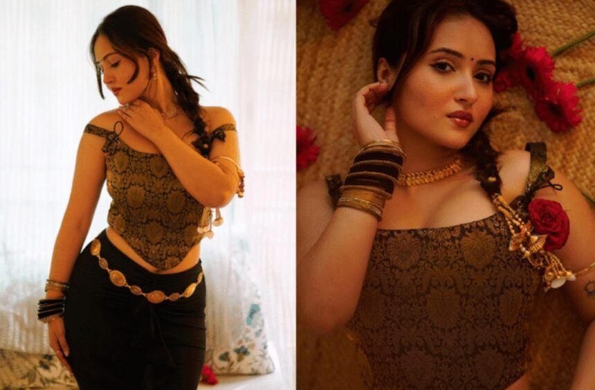 Hunterfly 2026 09 20 191626 Modern black and gold fashion look with Indian-inspired jewellery and red floral accents