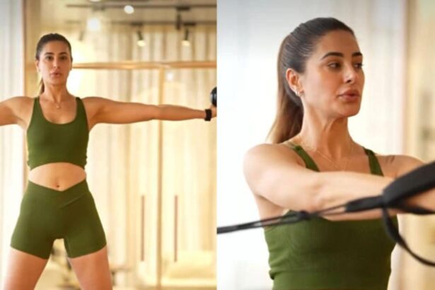 Nargis Fakhri during a Pilates reformer workout