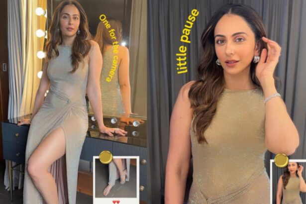 Rakul Preet Singh wearing a shimmering champagne-silver gown
