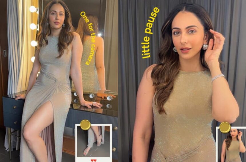 Rakul Preet Singh wearing a shimmering champagne-silver gown