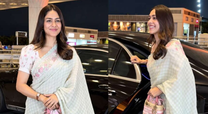 Mrunal Thakur in a pastel saree with a Lady Dior bag at the airport