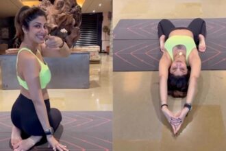 Hunterfly 2026 09 23 210308 Shilpa Shetty practising Supta Vajrasana yoga pose