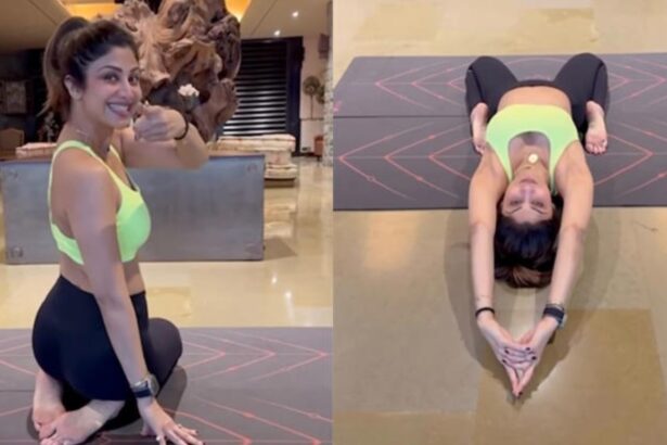 Shilpa Shetty practising Supta Vajrasana yoga pose