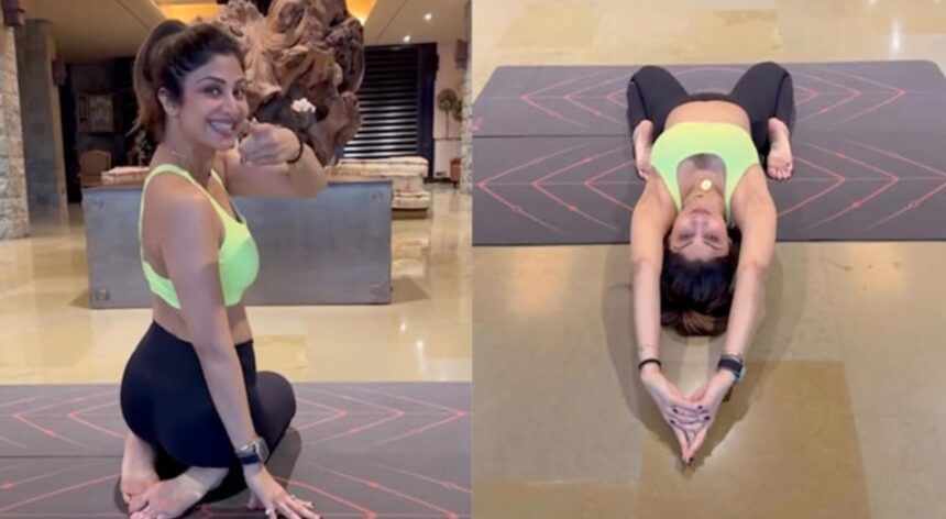 Shilpa Shetty practising Supta Vajrasana yoga pose