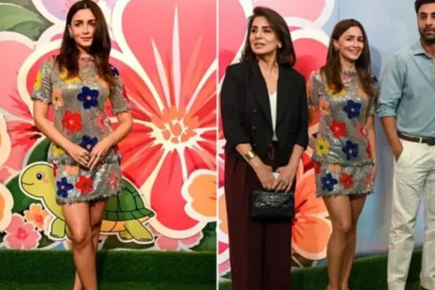 Alia Bhatt wearing a silver sequin top and mini skirt at the Don’t Be Shy premiere
