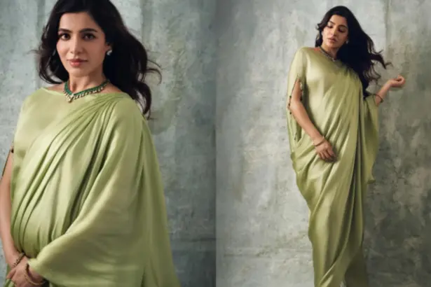 Samantha Ruth Prabhu cradles her baby bump in an olive green maternity outfit