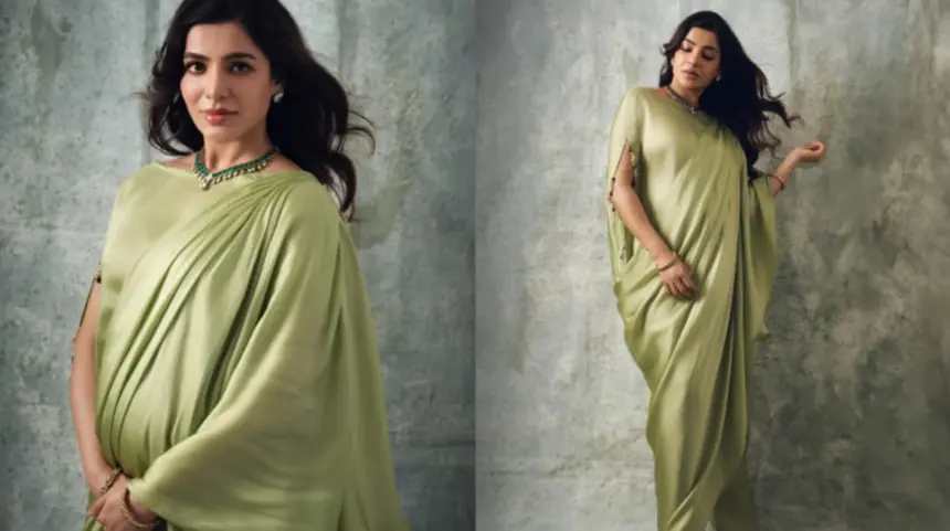 Samantha Ruth Prabhu cradles her baby bump in an olive green maternity outfit