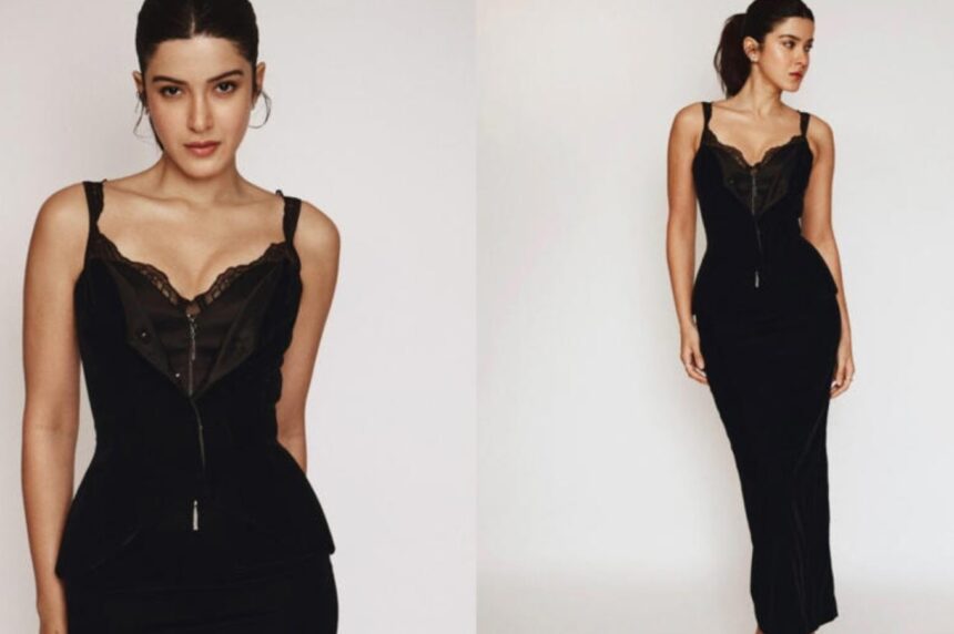 Shanaya Kapoor in a sleek all-black corporate-core inspired midi dress