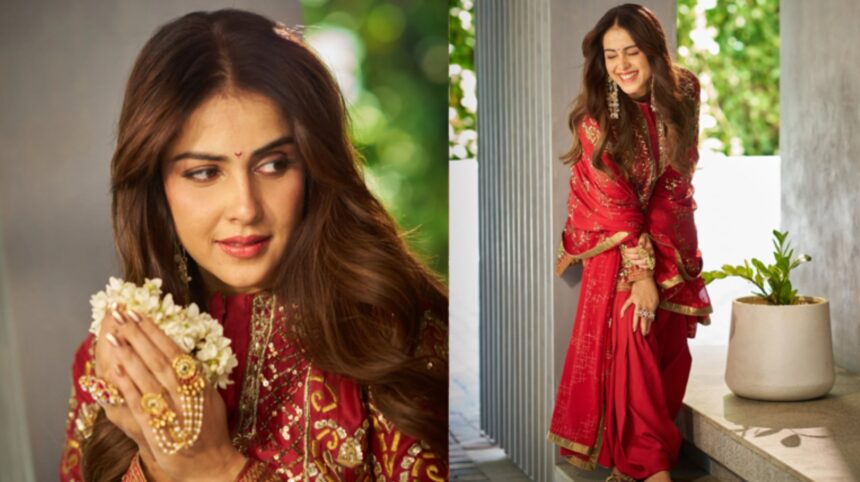 Genelia Deshmukh wears a red embroidered festive kurta with zari zardozi and marodi detailing