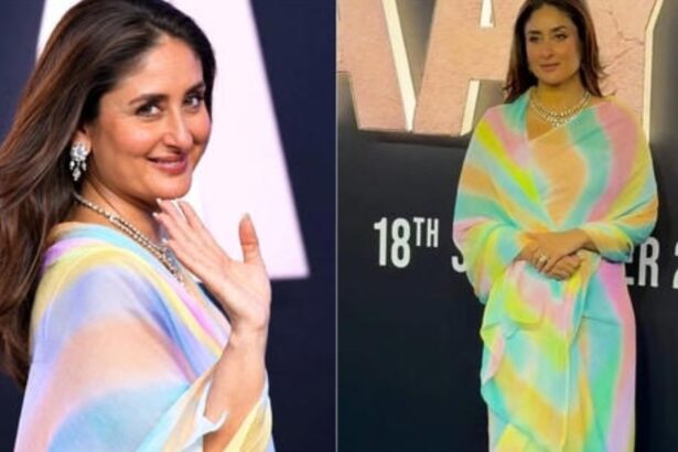 Kareena Kapoor in a pastel rainbow-hued chiffon saree at the Daayra music launch