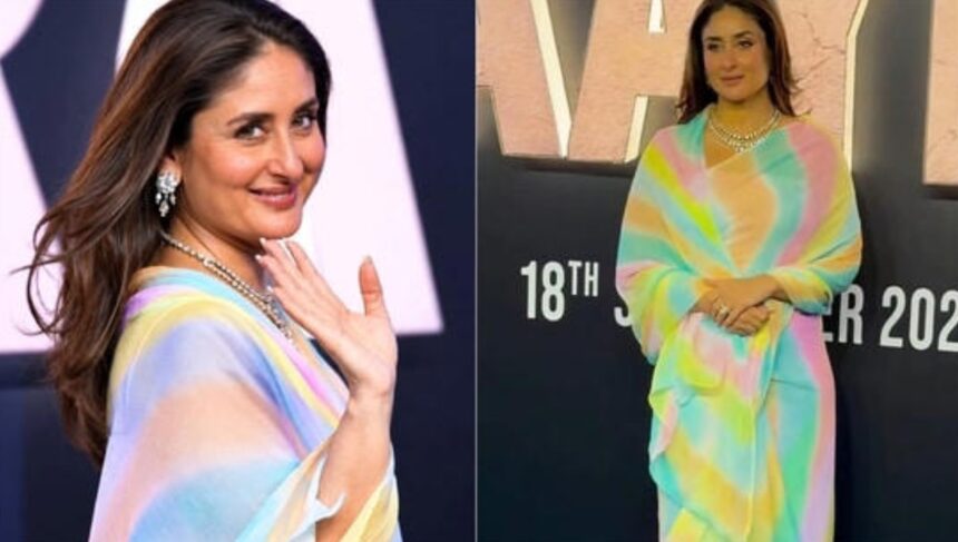 Kareena Kapoor in a pastel rainbow-hued chiffon saree at the Daayra music launch