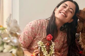 Rashmika Mandanna celebrating Ganesh Chaturthi with a Lord Ganesha idol