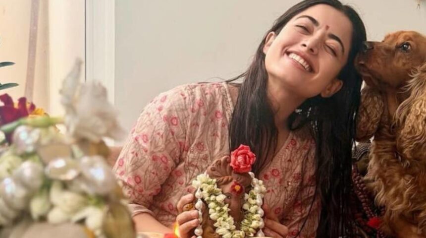 Hunterfly 26 09 15 132949 Rashmika Mandanna celebrating Ganesh Chaturthi with a Lord Ganesha idol