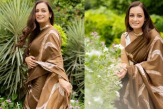 Hunterfly 26 09 15 134652 Dia Mirza makes a statement in a handcrafted brown Shibori saree by Studio Medium.
