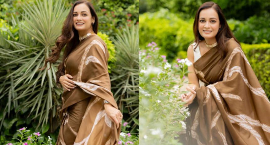 Hunterfly 26 09 15 134652 Dia Mirza makes a statement in a handcrafted brown Shibori saree by Studio Medium.