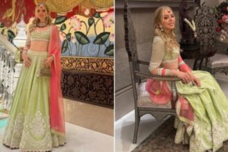 : Tiffany Trump wears a Manish Malhotra pastel green lehenga at an Ambani Ganesh Chaturthi celebration