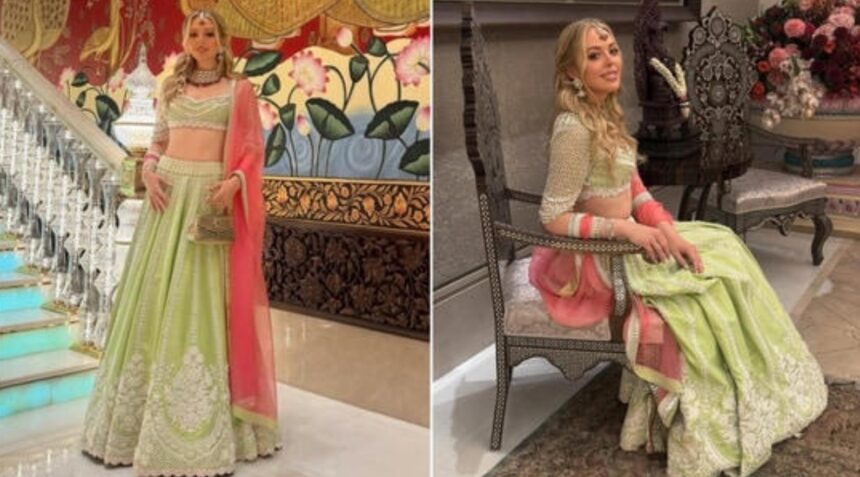 : Tiffany Trump wears a Manish Malhotra pastel green lehenga at an Ambani Ganesh Chaturthi celebration