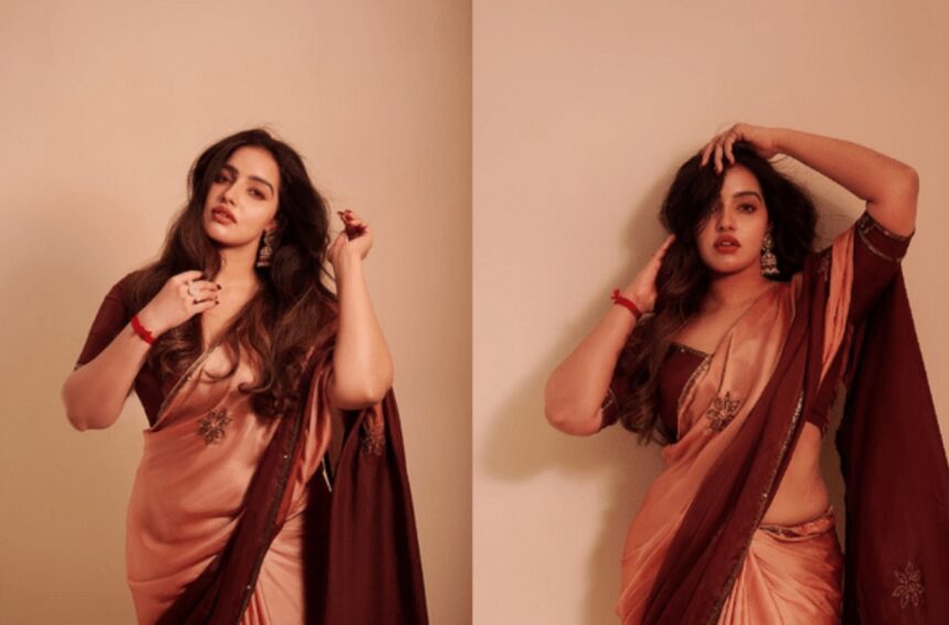 Hunterfly 26 09 17 165926 Peach and maroon saree with delicate embroidery and statement jewellery