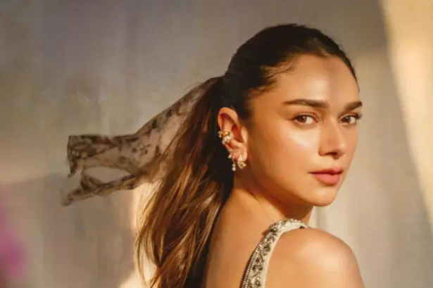 Hunterfly Aditi Rao Aditi Rao Hydari wearing a sparkly Anushka Khanna sharara with printed scarf