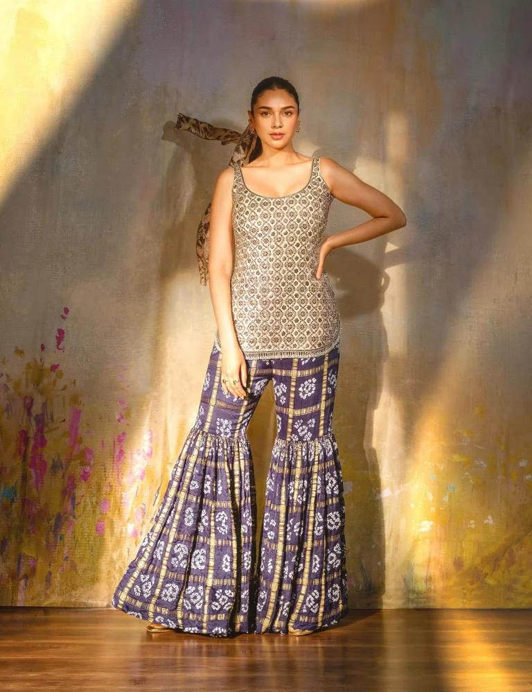 Deep Blue and Purple Sharara Adds a Retro Touch