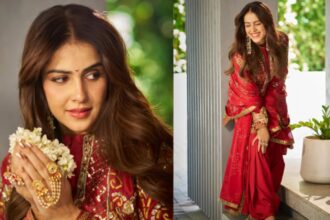 Genelia Deshmukh in a red embroidered festive outfit by Reynu Taandon