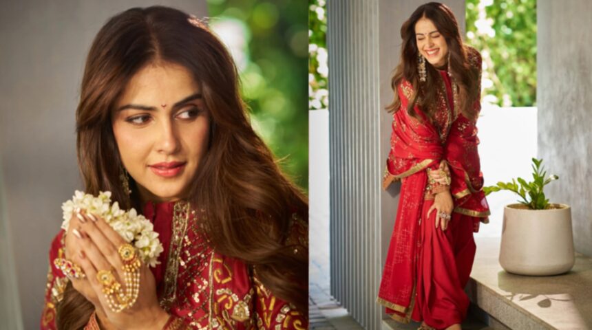 Hunterfly Genelia Deshmukh Genelia Deshmukh in a red embroidered festive outfit by Reynu Taandon