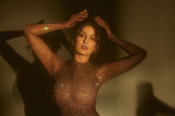 Nora Fatehi in a shimmering brown bodycon gown during Crakk promotions