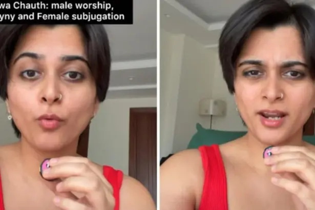 Woman observing Karwa Chauth during a discussion about gender equality and traditional fasting rituals